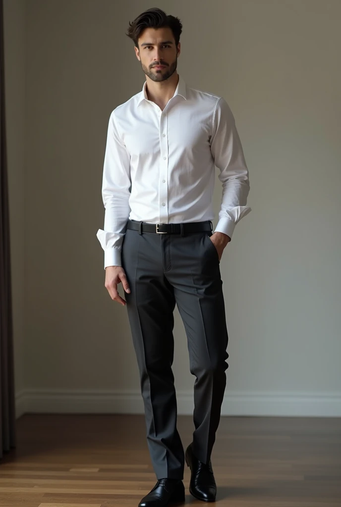arafed man in a white shirt and black pants standing in a room, tailored clothes, grey pants and black dress shoes, high fashion masculine appeal, Formal dress, Slim man with white skin, dark hair, handsome male, male proportions, beautiful and elegant, black suit pants, male model, model posing, with a business suit on, beautiful and attractive
