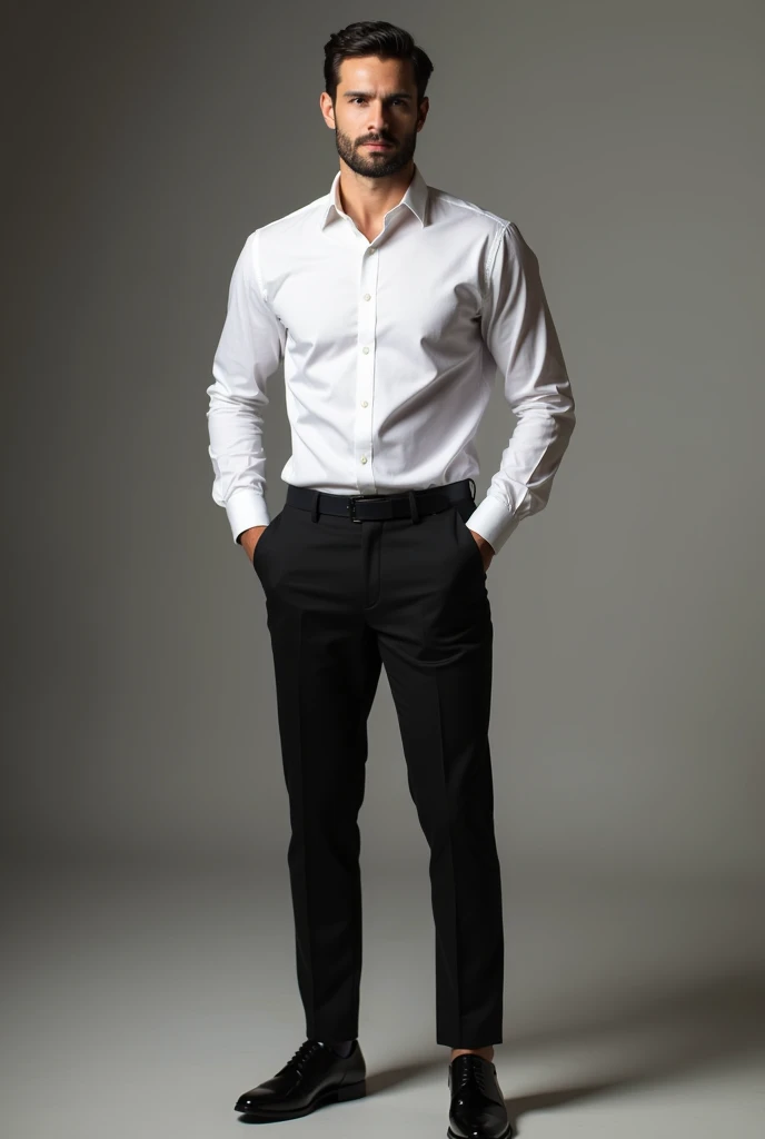 arafed man in a white shirt and black pants standing in a room, tailored clothes, grey pants and black dress shoes, high fashion masculine appeal, Formal dress, Slim man with white skin, dark hair, handsome male, male proportions, beautiful and elegant, black suit pants, male model, model posing, with a business suit on, beautiful and attractive