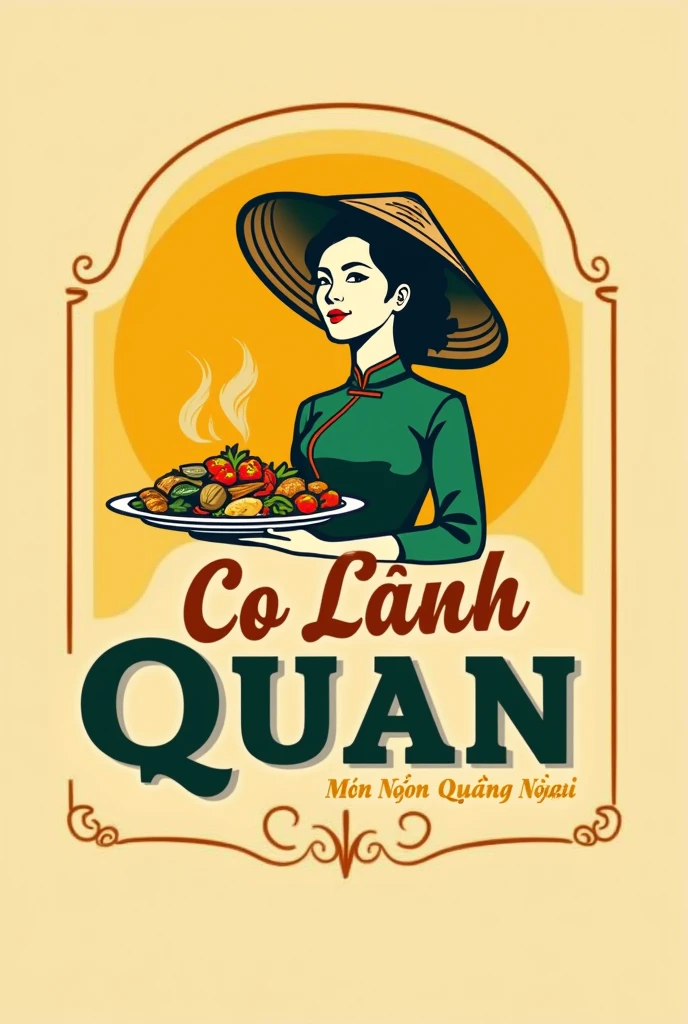 This is a vintage-style logo for a food service called“Co Lanh Quan". The logo has a woman wearing áo tấc and Việt Nam conical hat, she holds a disk of Việt Nam foods. The slogan will be "Mon Ngon Quang Ngai" The color is mostly yellow, and the text is bold