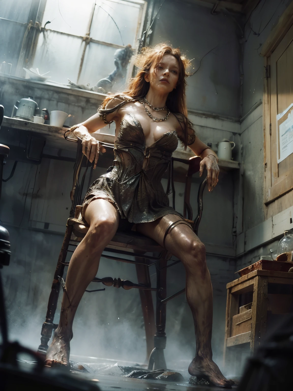 RUSTY CHAINS, (lens flare, bokeh, Wide-Angle, Ultra-Wide Angle, from below, from side, wide shot, isometric, afterimage, partially underwater shot), (from below:1.5), ((Detailed eyes)), [fire elemental woman in chain:1.3], [chains at the ankles], [chains at the ankles], [chains at the ankles], [the chains on the wrists], [the chains on the wrists], [the chains on the wrists], bare feet, full body chain, dirty fire elemental woman chained to a chair in a cage, white torn stockings, broken glasses, woman in chain in a cage, iron bars, desperate expression, worried alice in wonderland in chain in a cage, concerned about future, brunette, realistic hands, bars in the window. Blurred foreground.