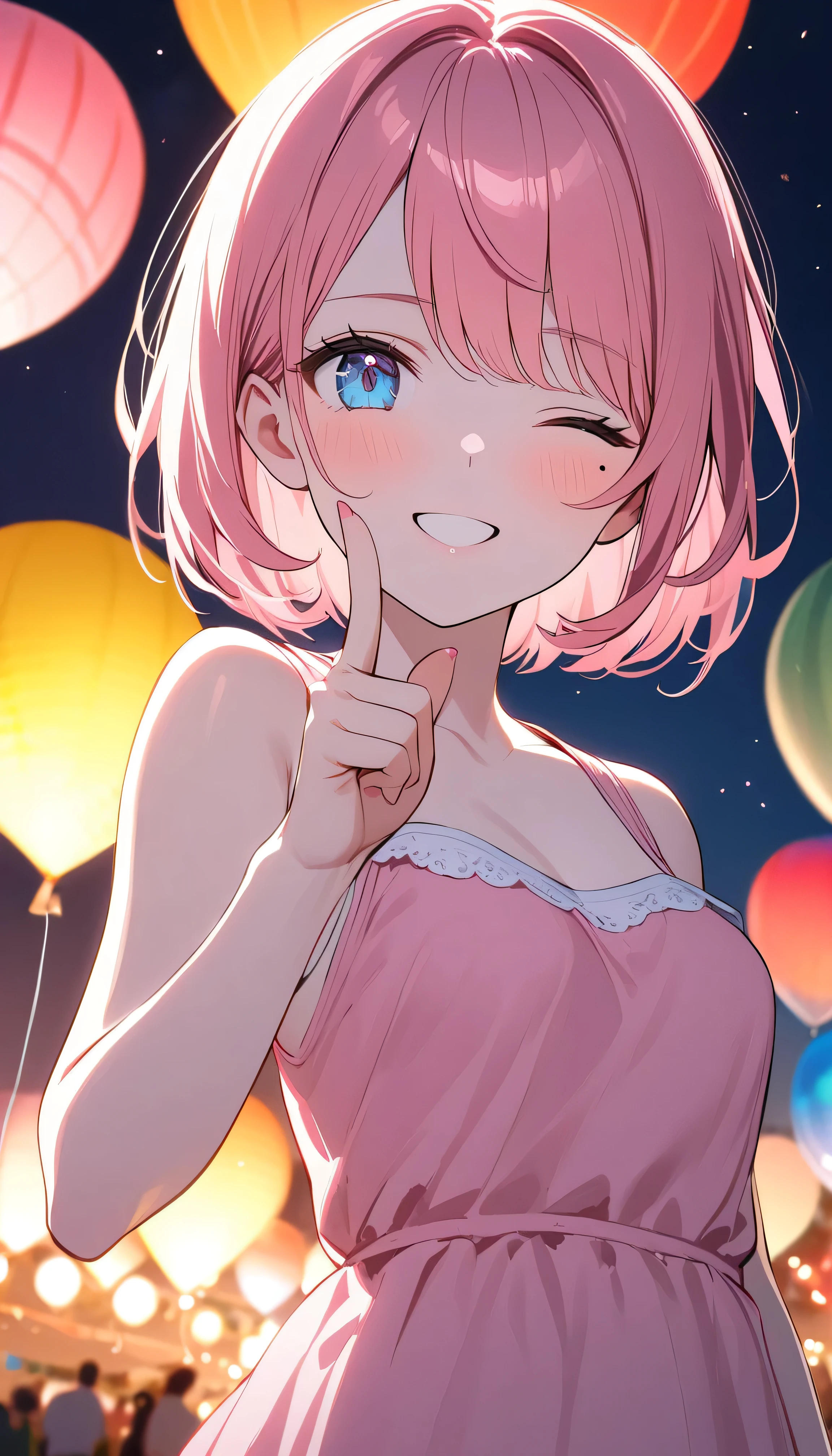 (1 girl),(Best Picture Quality, 8K, Masterpiece:1.3), (high school student:1.5), ((pink lob hair:1.1)), (bob cut),(swept bangs), (cute eyes, pupil black, iris skyblue, youthful face), (mole under right eye), (standard weight), (small breasts),(big hip), (glistening skin:1.1),(pale skin:1.2),(happy:1.3),(one eye closed),BREAK,(pink sundress),(Albuquerque International Balloon Fiesta),(in the night),((portrait)),(index finger raised),(Front Light).