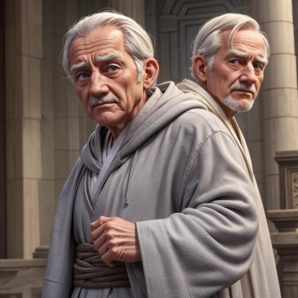 Vivid depiction、3DCG、Clear photos、Even wrinkles are expressed delicately、Face close-up、White old man、Grey robe and hood、Troubled face、The background is ruins