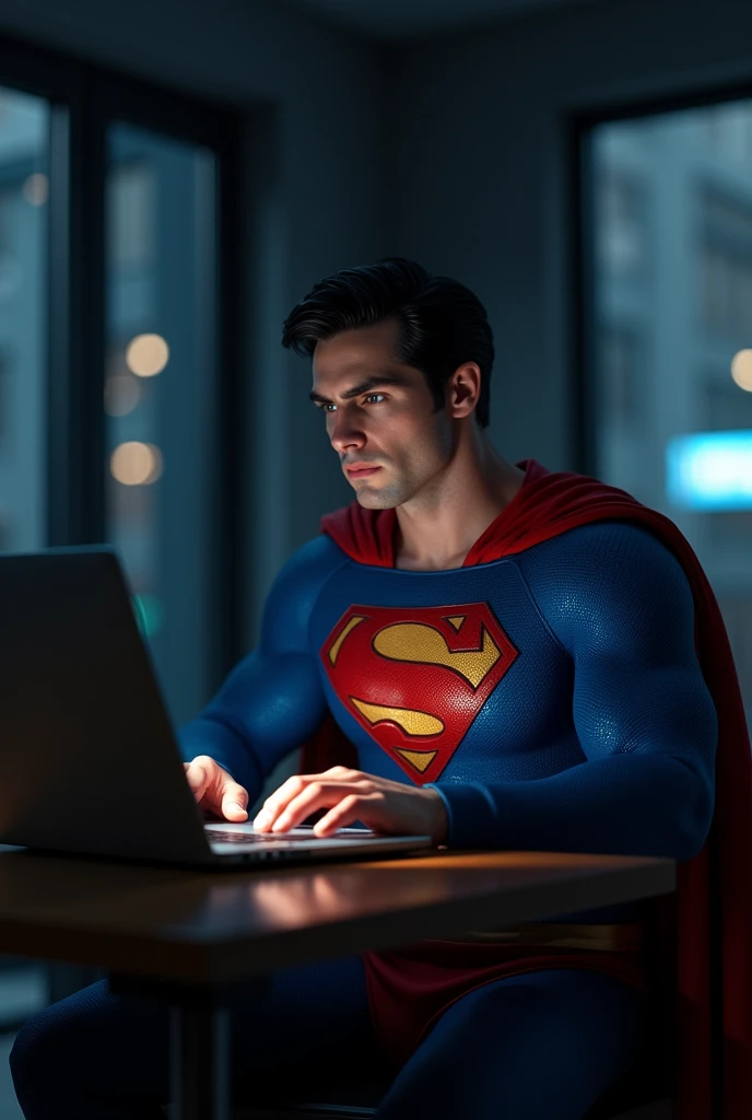 Superman typing on laptop 