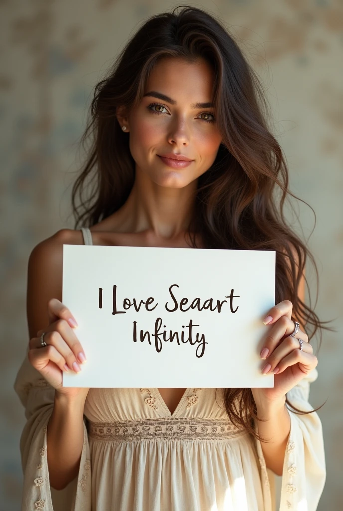 Beautiful girl with wavy long hair, bohemian dress, holding a white board with text "I Love Seaart Infinity" and showing it to the viewer