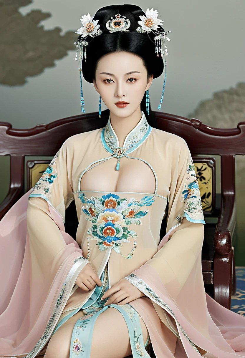 The Qing Dynasty Empress is naked, spreading one's legs open wide with knees bent,creating the shape of the letter M Chinese empress in the Chinese palace wearing a crown and her hair tied up. The background is the stone paving outside the Qing Dynasty.