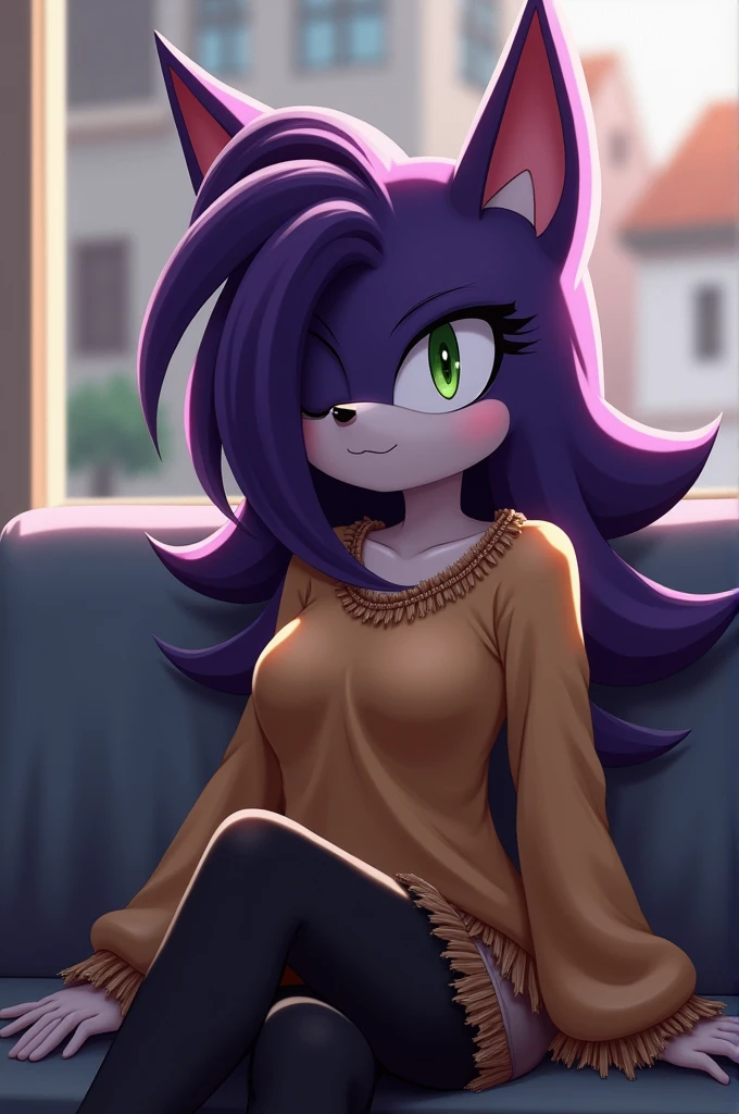 Female Bat, ((Sonic oc character)), (female Sonic character), (dark purple colored fur), (light gray muzzle), (light gray inner ears), (1girl), (solo), hair covering one eye, (long wavy hair), medium breasts, eyelashes, house, couch, sitting, tan sweater, black tights, fringe_trim, relaxed expression, Light green eyes, daytime, ((mobian)), mobius city