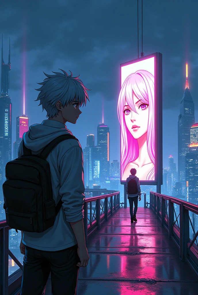 Create a book cover with anime style, a futuristic night city and a white haired male teenager standing forwards on a metal bridge looking at a blonde teenager girl inside a far away 3d hologram bright sign looking at him. Just as the bladerunner movie