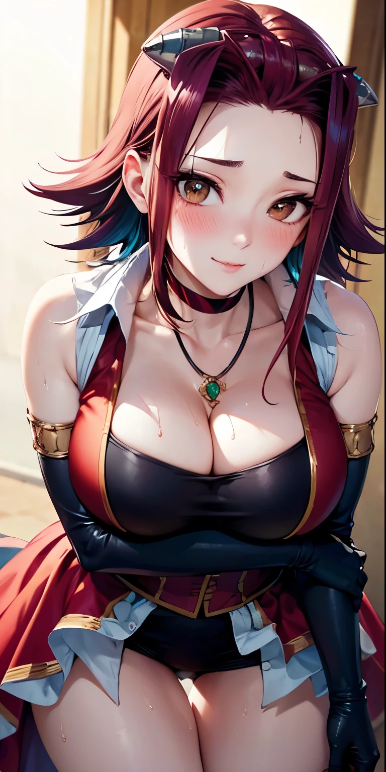 1 Female,High definition,high resolution,Ultra-realistic,8K, aki1, izayoi aki,choker,,solo, elbow gloves, gloves, jewelry, cleavage, necklace, black gloves,European,sexy,Upper body close-up,Photographed from the front,Dynamic Angles,blush, big tits,(wide thighs:1.3), happy, wink the eye,facial, sweat,multicolored hair 