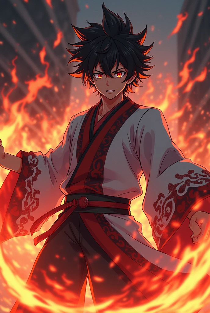 Generate an image of a character based on the anime kimetsu no yaiba and that has its style, let it be a man, that he is a hunter, a young character,that has the lion's breath and a little fire and that has a haori, that has a clothing style equal to the hunters of the anime Kimetsu no yaiba.