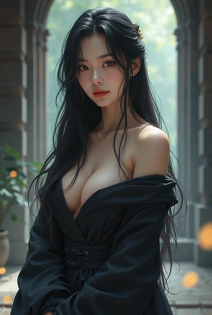 A twenty-five-year-old woman, Beautiful face, Black hair that reaches the buttocks, Wearing a monk's robe, White skin like snow, Big breasts, Thin waist, Big butt, In short, she is a seductive middle-aged woman. Anime image