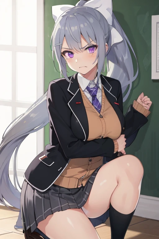 ultra-detailed,
master piece,best quality,high resolution,
beautiful eyes,detailed eyes,detailed face,
beautiful detailed eyes,symmetrical clear eyes,
1girl,,Higuchi Kaede, One Girl, Virtual YouTuber, alone, Long Hair,  skirt, tie, Jacket, Purple eyes, socks, ponytail, hair ornaments, white bow, hair bow, bow, blazer, very Long Hair, purple tie, pleated skirt, white socks, Hair Clip, Open clothes, cardigan, , Knee-length, Grey Hair, black Jacket, open Jacket, bangs, チェック柄 skirt, miniskirt, tachi-e, Long sleeve, grey skirt, chest, チェック柄 tie,Angry face,huge breasts,wide hips,