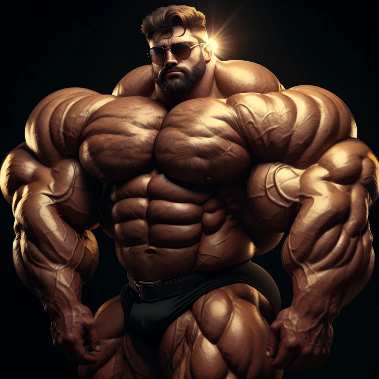 BrutalMass, muscular male, bodybuilder, a very handsome man, sunglasses, shirtless, muscular, on a black background