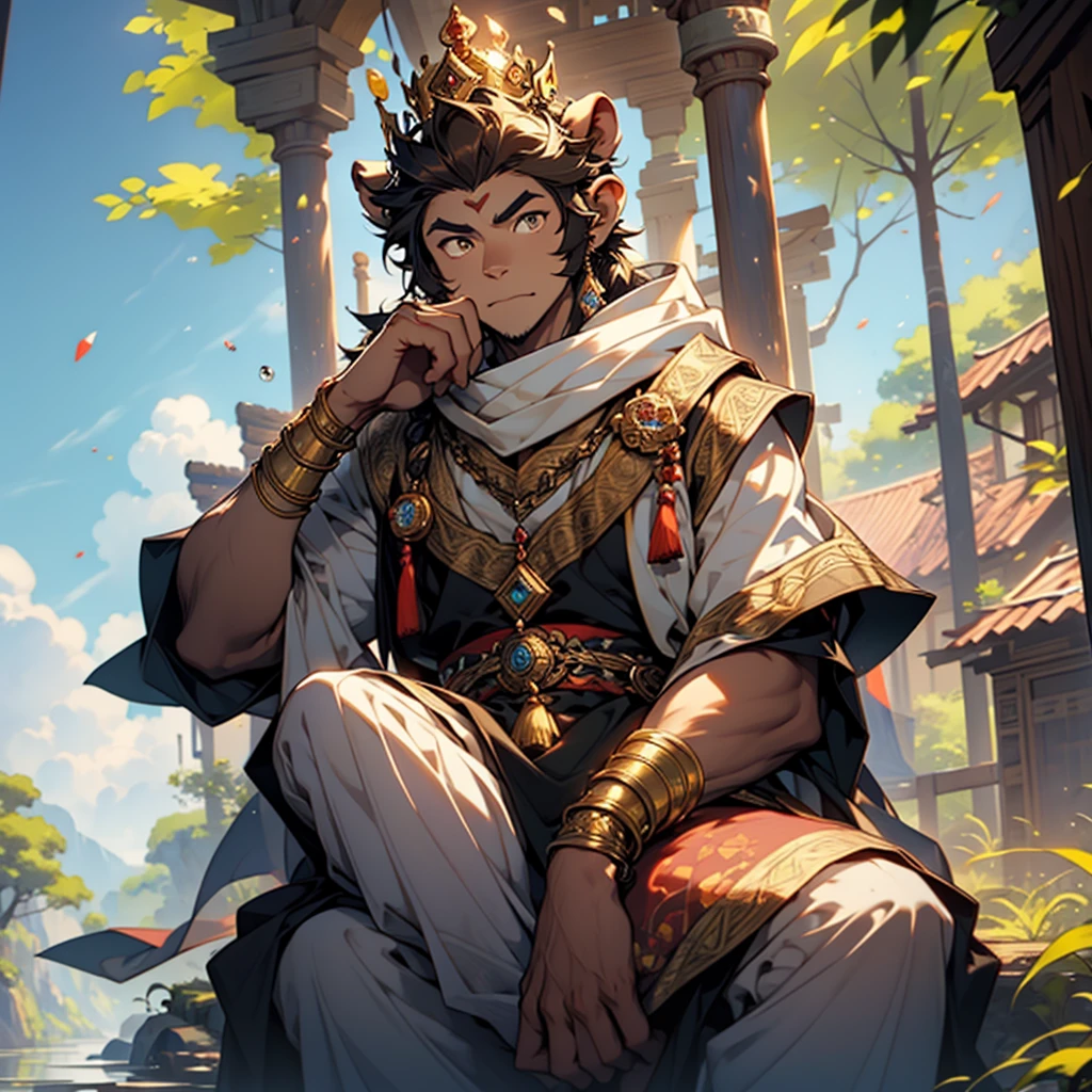 Imagine a serene monkey with rich brown fur, reflecting a warm, earthy tone. This monkey has a calm and peaceful expression, embodying a sense of tranquility and wisdom. Its eyes are gentle and thoughtful. Atop its head sits a gold crown reminiscent of the one worn by the mythical Wukong, adding an aura of regal grace. The crown is intricately designed with elegant patterns and perhaps adorned with small, precious gems that catch the light. The monkey's posture is relaxed, exuding a sense of inner calm and enlightened composure. The overall scene is one of harmony, blending the majestic with the serene, high res, ultrasharp, 8K, masterpiece, looking at viewer