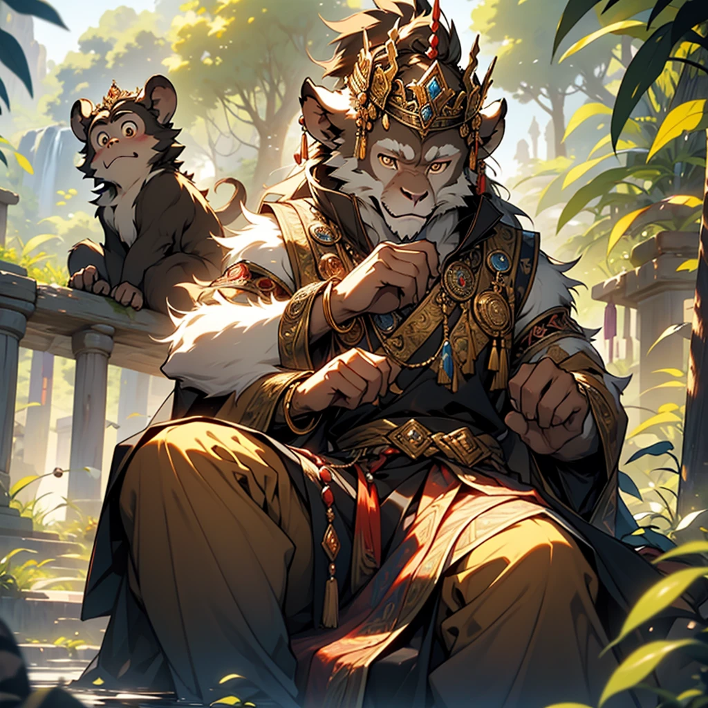 Imagine a serene monkey with rich brown fur, reflecting a warm, earthy tone. This monkey has a calm and peaceful expression, embodying a sense of tranquility and wisdom. Its eyes are gentle and thoughtful. Atop its head sits a gold crown reminiscent of the one worn by the mythical Wukong, adding an aura of regal grace. The crown is intricately designed with elegant patterns and perhaps adorned with small, precious gems that catch the light. The monkey's posture is relaxed, exuding a sense of inner calm and enlightened composure. The overall scene is one of harmony, blending the majestic with the serene, high res, ultrasharp, 8K, masterpiece, looking at viewer