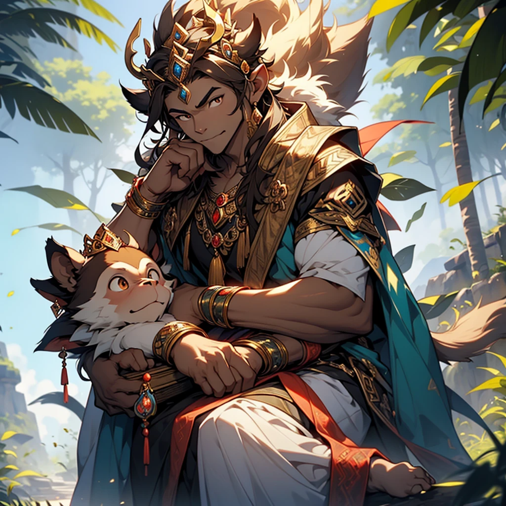 Imagine a serene monkey with rich brown fur, reflecting a warm, earthy tone. This monkey has a calm and peaceful expression, embodying a sense of tranquility and wisdom. Its eyes are gentle and thoughtful. Atop its head sits a gold crown reminiscent of the one worn by the mythical Wukong, adding an aura of regal grace. The crown is intricately designed with elegant patterns and perhaps adorned with small, precious gems that catch the light. The monkey's posture is relaxed, exuding a sense of inner calm and enlightened composure. The overall scene is one of harmony, blending the majestic with the serene, high res, ultrasharp, 8K, masterpiece, looking at viewer