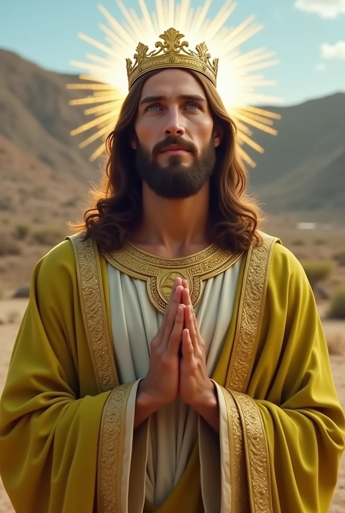 Perfect hand 5 finger, Portrait of a handsome Jesus Christ with light in his head sparkling all over. wearing the lime king clothes with king crown in the hill, Jesus Christ, real blue eyes, sunny day, intricate details.real Jesus Christ, straight head face, Straight body.Prayer Jesus Christ, perfect full body, perfect hands finger,Prayer Jesus Christ, praying Jesus Christ backgrounds natural photographic