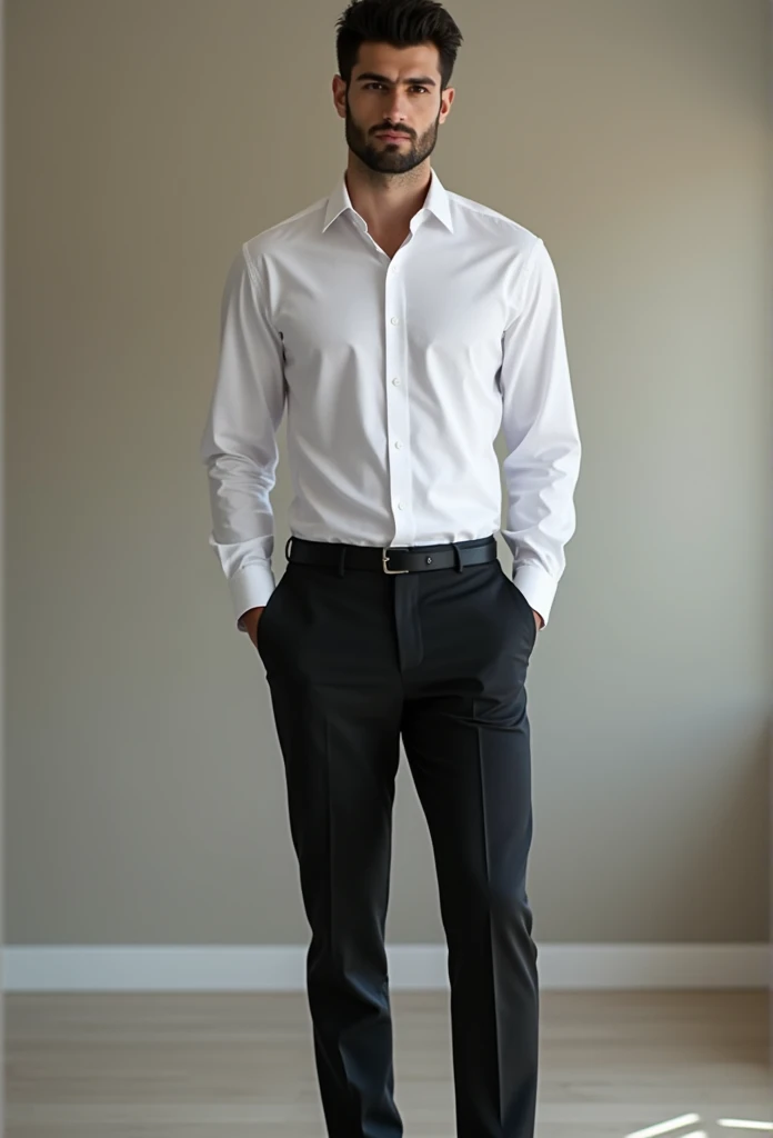 arafed man in a white shirt and black pants standing in a room, tailored clothes, grey pants and black dress shoes, high fashion masculine appeal, Formal dress, Slim man with white skin, dark hair, handsome male, male proportions, beautiful and elegant, black suit pants, male model, model posing, with a business suit on, beautiful and attractive