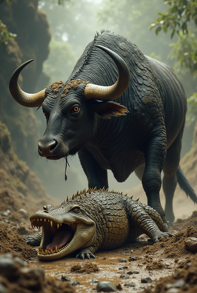 {
"size": "1024x1024",
"prompt": "A dramatic scene of a fierce battle between a bull and a crocodile in a wild, natural setting. The crocodile, covered in dirt and with a few scars, stands victoriously over the defeated bull, which lies on the ground with visible injuries. The environment is a mix of mud, water, an