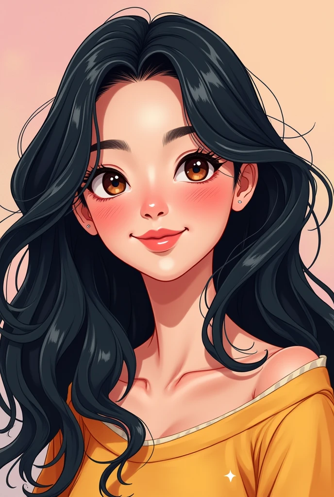 a cartoonal face girl, looking beautiful,20 years old , black hair