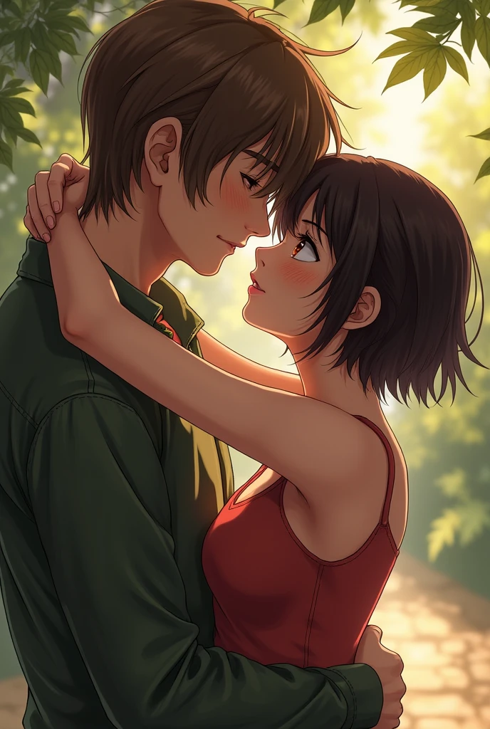 a girl with really short, dark brown hair. which is not longer than the beginning of her neck. she has a rebellious vibe. she’s kissing with a sweet boy, who has brown and very long straight hair. they are in love. she’s touching him. make it look very intimate and like a realistic drawing. they are adults.