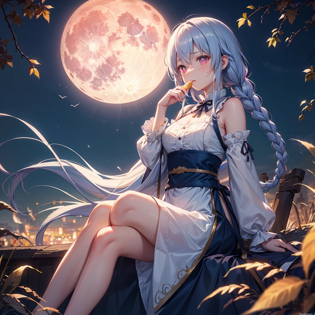 (Eating dumplings),(Sky blue braided medium length hair), (Pink eyes),(Fair skin) ,(whole body),(One Girl),(harvest moon),(A large amount of Miscanthus sinensis in the background),autumn,(full moon),(masterpiece, Highest quality, Very detailed, Best Shadow), (Detailed Background), (Beautifully detailed face), High Contrast, (Best lighting, Very delicate and beautiful), ((Cinematic Light)), Hyper Detail,8k, Dramatic Light, Intricate details