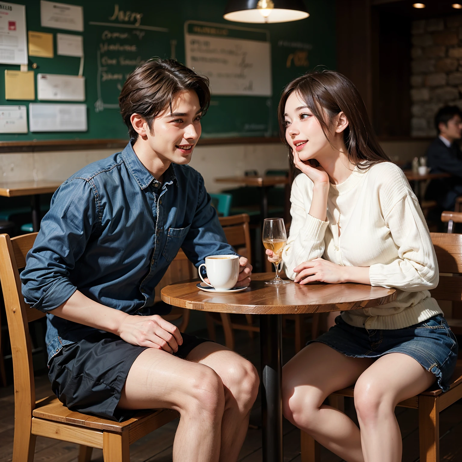 A cool man and a cute woman are having a fun conversation in a cafe