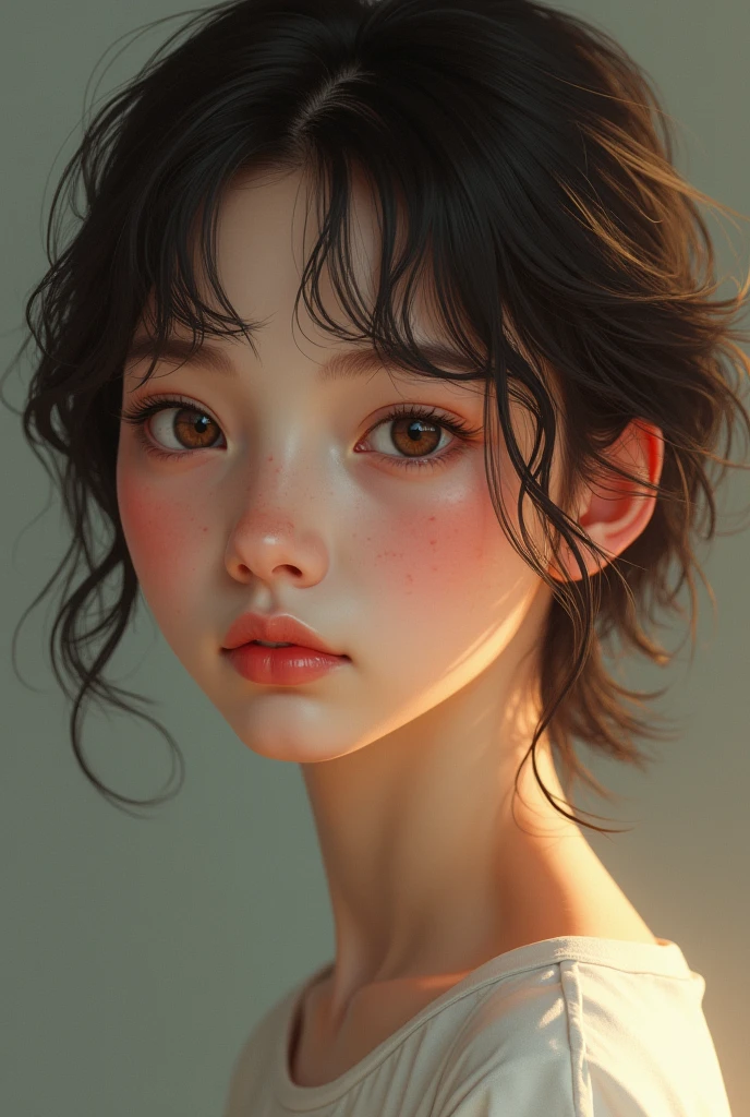 14 year old girl, of expensive skin and moles, with short brown hair, small brown eyes 