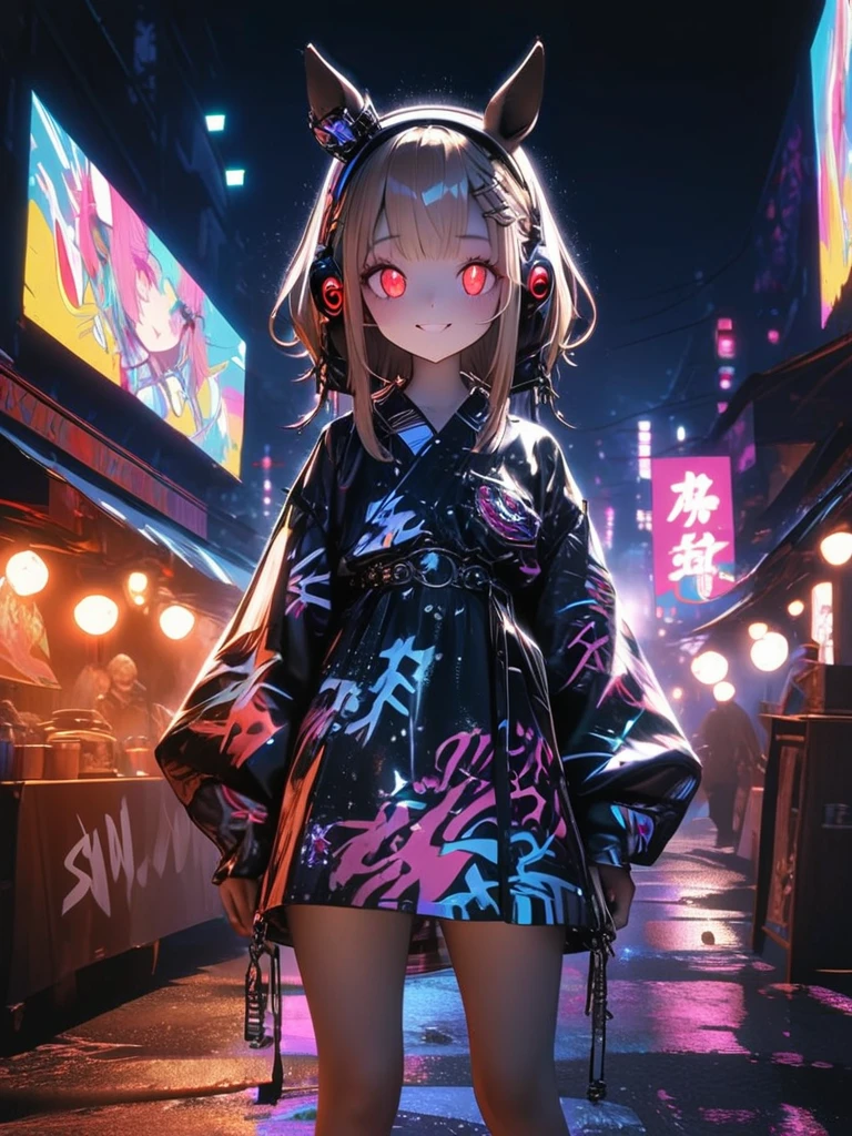 1 girl, chromatic aberration, Written boundary depth, Soft Light, masterpiece, Highest quality, complicated, Tone Mapping, Very deしっぽed, A bank where fireworks are set off at a festival, Concept Art, Smooth, Clear focus, Dramatic lighting, Very deしっぽed artwork, movie, super practical painting, アートステーション's trending, 8k, Incredible Shadows, practical, (Very deしっぽed background:1.0), whole body, View, Viewers, Portrait of a Girl 1, standing on street corner, Heavy rain and lightning、Dark Sky, neon and cyber punk background, she is dressed in punk clothing with silver chains and silver spikes, Her hair was dyed light brown......，The middle part is black, She wears headphones, Deしっぽed red eyes with clear pupils, Ominous aura of light, smile, punk, ciber punk, Backlight.Fashionable clothes、Horse-friendly dress code: yukata.No horse ears.The chest is a little large