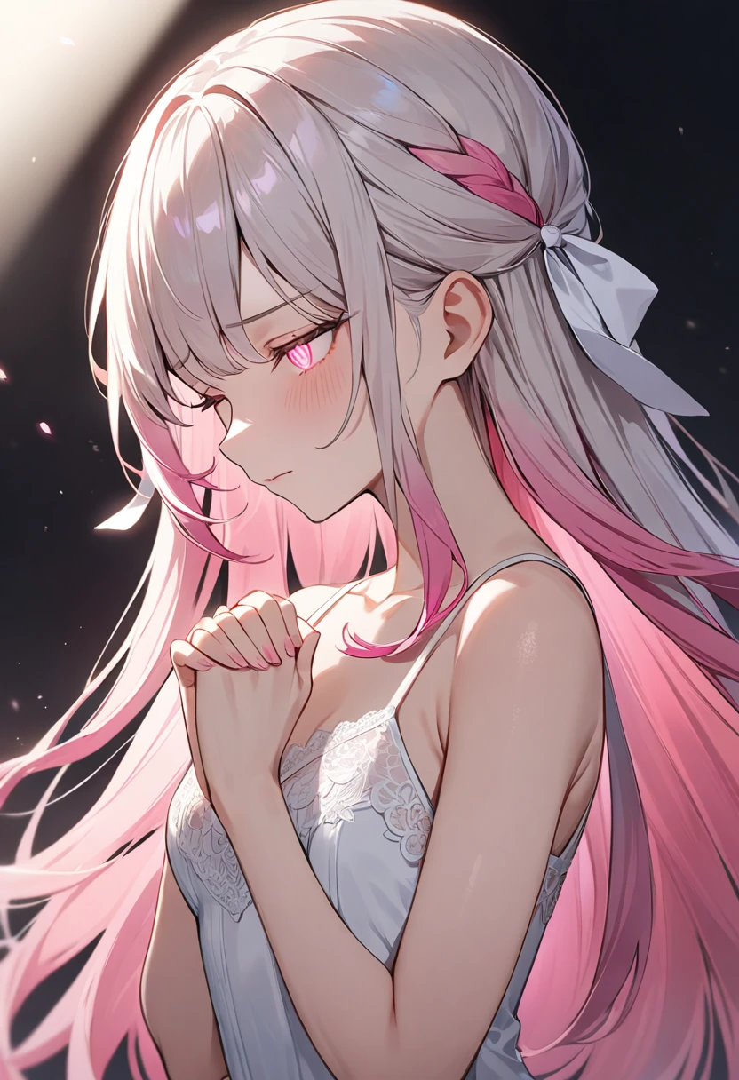 (masterpiece, top quality, very aesthetic, 4k、illustration), intricate detail, 1woman,solo,contrapposto 、Strong glowing eyes、,(upper body)、、(),beautiful face、closed eyes、sorrow、straight hair、(fluorescence pink gradient hair)、own hands clasped、multicolored hair,hair ribbon,middle hair,sidelock ,レッド eyes、white lace camisole Dresses、small breasts、Slim 、white background