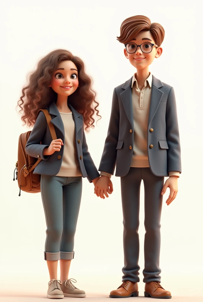 C4D Model,3D Modeling,Young couple,The eyes of boys and girls have a sense of brushing,A brown girl with long curly hair wearing a casual suit and a small backpack,Boys short brown hair,Wearing a casual and handsome suit,The two of them are full of hope for the future,Background white,highly,Bright light,happy 3:4 Ultra HD 4k,webp
