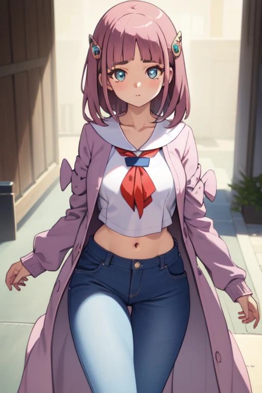 ultra-detailed,
master piece,best quality,high resolution,
beautiful eyes,detailed eyes,detailed face,
beautiful detailed eyes,symmetrical clear eyes,
1girl,Lacey, Medium Hair, Are standing, Pink Coat, neckerchief,wide hips,