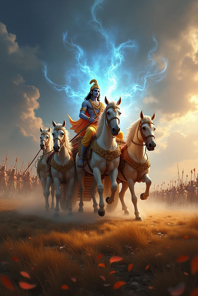 Illustrate a dramatic and majestic battlefield scene where Lord Krishna and Arjuna are positioned in their grand chariot. The chariot is drawn by four magnificent white horses, adorned with golden harnesses and intricate designs. Krishna, with his serene yet commanding presence, and Arjuna, looking determined, are both blowing their divine conch shells. The conch shells should be depicted with a radiant glow, symbolizing their spiritual power and the beginning of a pivotal moment. Surround the chariot with the grandeur of the battlefield, showing distant formations of the Kaurava army and a sense of the vast scale of the conflict. Capture the atmosphere of anticipation and the clash of divine and earthly forces, with the chariot at the center, illuminated by the divine light of the conch shells.