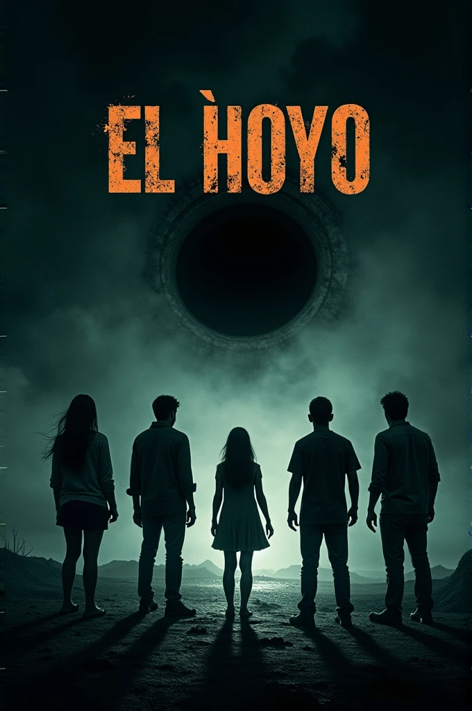 Create me a cover of a horror movie that shows a low angle photograph of a group of 4 people with their backs turned looking into a hole and showing fear, that contains the title that says “The Hole” in Spanish with a font that gives fear and suspense, Also, it should have a small phrase on the side, like a slogan, that says "beyond your dreams"