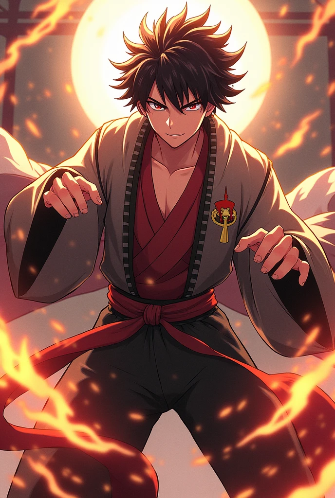 Generate an image of a character based on the anime kimetsu no yaiba and that has its style, let it be a man, that he is a hunter, a young character,that has the lion&#39;s breath and a little fire and that has a haori, that has a clothing style equal to the hunters of the anime Kimetsu no yaiba, that his clothes look like Rengoku&#39;s.