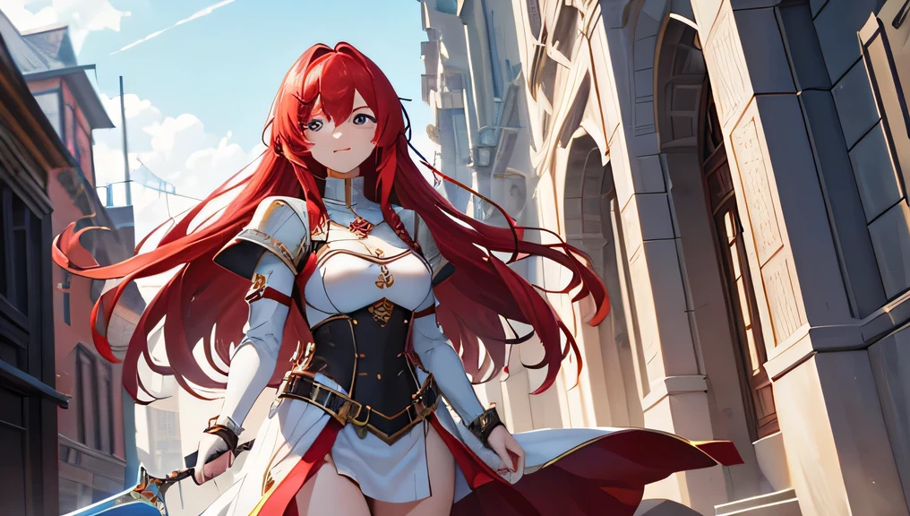 4K,high resolution,A woman,Bright red hair,Langheier,blue eyes,knight,White Holy Armor,jewel embellishment,Great Sword,Medieval town ,Smiling , hands down , looking at the protagonist , Clothes that match red ,Show your thighs