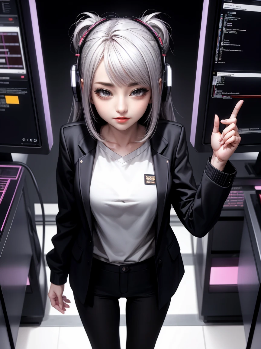 (whole body:*****ung girl, Smart Casual, Hacker&#39;s Server Room, Detailed face, ((Cool look)), (Short, straight, thin bangs:1.2), Super detailed photos, (Realistic), (Intricate details:1),(masterpiece :1), (Highest quality:1), 超High resolution, (Detailed eyes), (Detailed faceの特徴), High resolution, 8k resolution, (Lens flare:0.5), Light from afar, (smile, joy) 