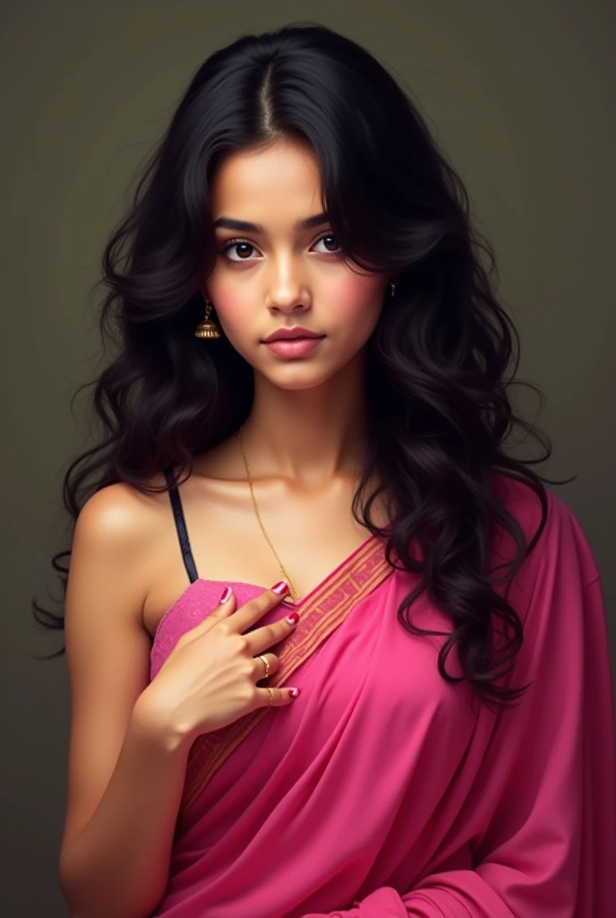 A Beautiful teen Indian hindu girl with wavy long hair, waring pink saree, fair skin, her hands near her breast, breast size medium, naughty and lovely face