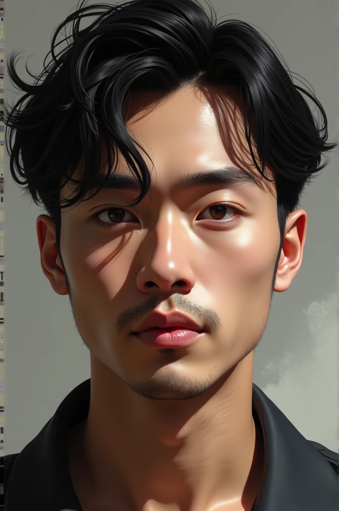 Make a face of a man with brown eyes, white skin, thick eyebrows, big lips, medium-long black hair