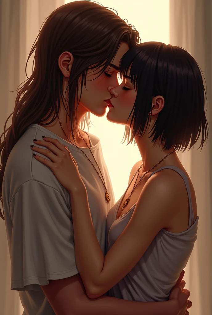 a girl with really short, dark brown hair. which is not longer than the beginning of her neck. she has a rebellious vibe. she’s kissing with a sweet boy, who has brown and very long straight hair. they are in love. she’s touching him. make it look very intimate and like a realistic drawing. they are adults.