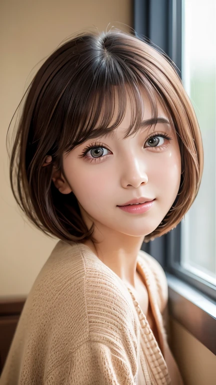masterpiece, Highest quality, 8k, Absurd, (Upper Body:1.4), cardigan、sheer, beautiful girl, Pretty face, View your viewers, smile, Ultra-realistic, High resolution, photograph, Film Grain, chromatic aberration, Sharp focus, High resolution, Face Light, Dynamic Lighting, Cinema Lighting, Professional Shadow, Simple Background, Most detailed, Very detailed, Super detailed, In detail, Real Skin, Delicate facial features, Detailed face and eyes, Sharp pupils, Realistic students, (Japanese)、Brush your hair back、blush、Leaning against the wall、Low - Angle、Bobcut