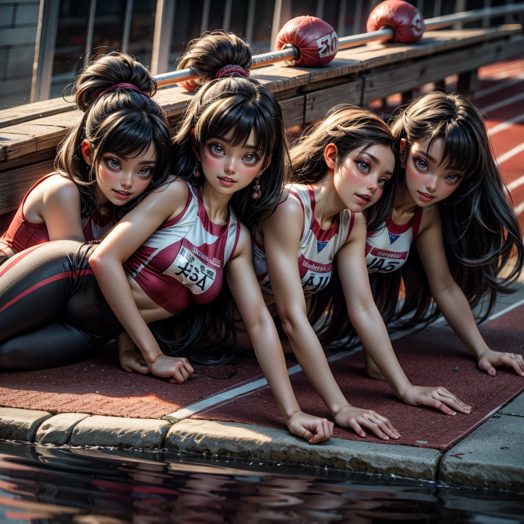ExtremelyDetailed (((Sprint Relay Team Kawaii Girls in a row:1.4))), Childish perfect face, Reflective Eyes, Detailed(Delicate Clothing textures), Corrected Leg to Foot Line, Corrected Perfect Hand, Dynamic Joyful Expressions LifeLike Rendering, ((Specular Reflection:1.28)), TopQuality 8K Ultra-detailed masterpiece (ProfessionalPhoto:1.37)(Acutance:0.8),(Luminism:1.22), ((Exposed Navel))