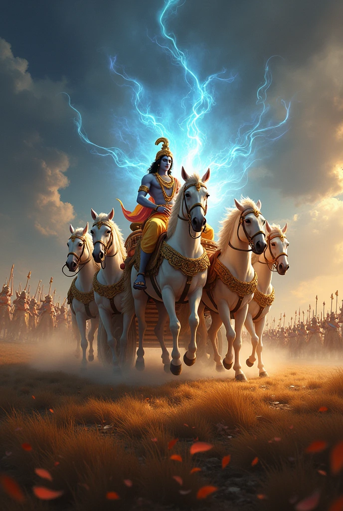 Illustrate a dramatic and majestic battlefield scene where Lord Krishna and Arjuna are positioned in their grand chariot. The chariot is drawn by four magnificent white horses, adorned with golden harnesses and intricate designs. Krishna, with his serene yet commanding presence, and Arjuna, looking determined, are both blowing their divine conch shells. The conch shells should be depicted with a radiant glow, symbolizing their spiritual power and the beginning of a pivotal moment. Surround the chariot with the grandeur of the battlefield, showing distant formations of the Kaurava army and a sense of the vast scale of the conflict. Capture the atmosphere of anticipation and the clash of divine and earthly forces, with the chariot at the center, illuminated by the divine light of the conch shells.