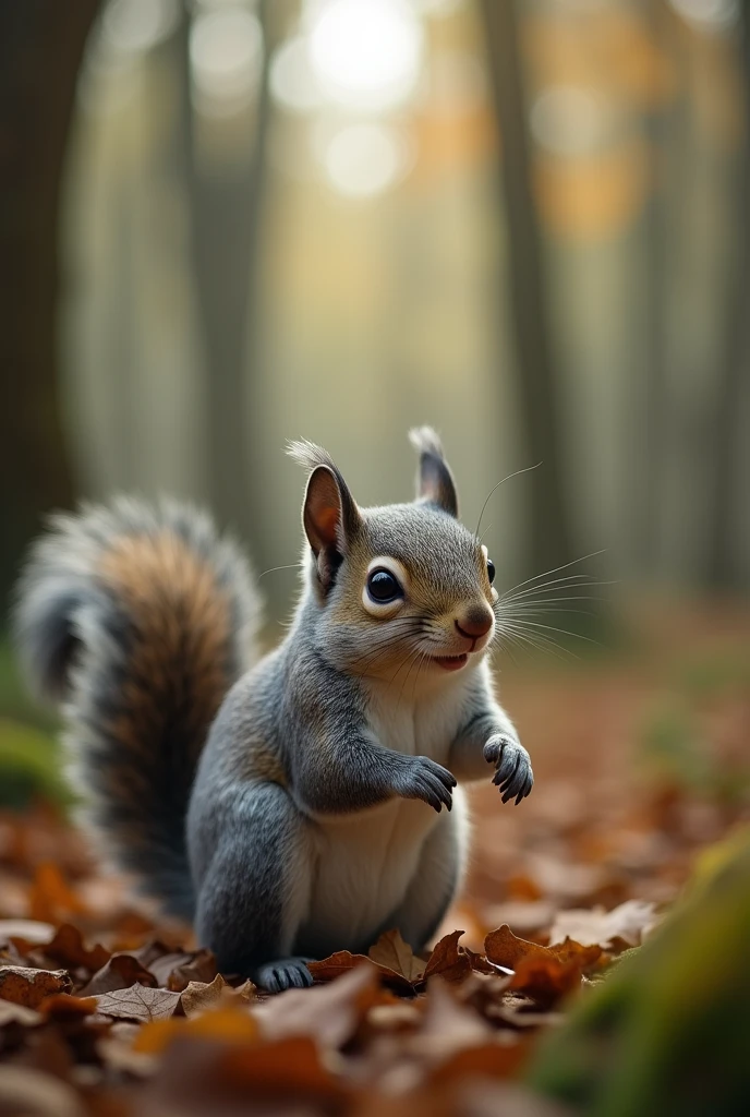 A little gray little squirrel in a magic forest in the middle of other Braun squirrels that are afraid and surprised by him.  