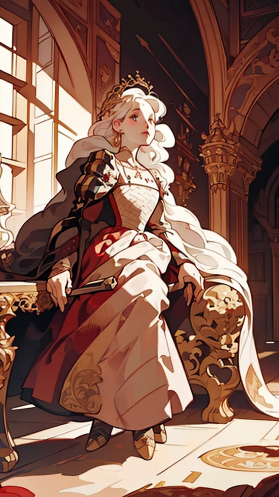 Beautiful albino woman with detailed braided medieval hairstyle (updo) (white hair) sitting on the throne,wearing detailed medieval gown (red and black colours), with gold accessories and gold tiara, medieval queen, medieval woman,queen,game of thrones style,daenerys targaryen style, high quality, very detailed,hd quality, masterpiece 