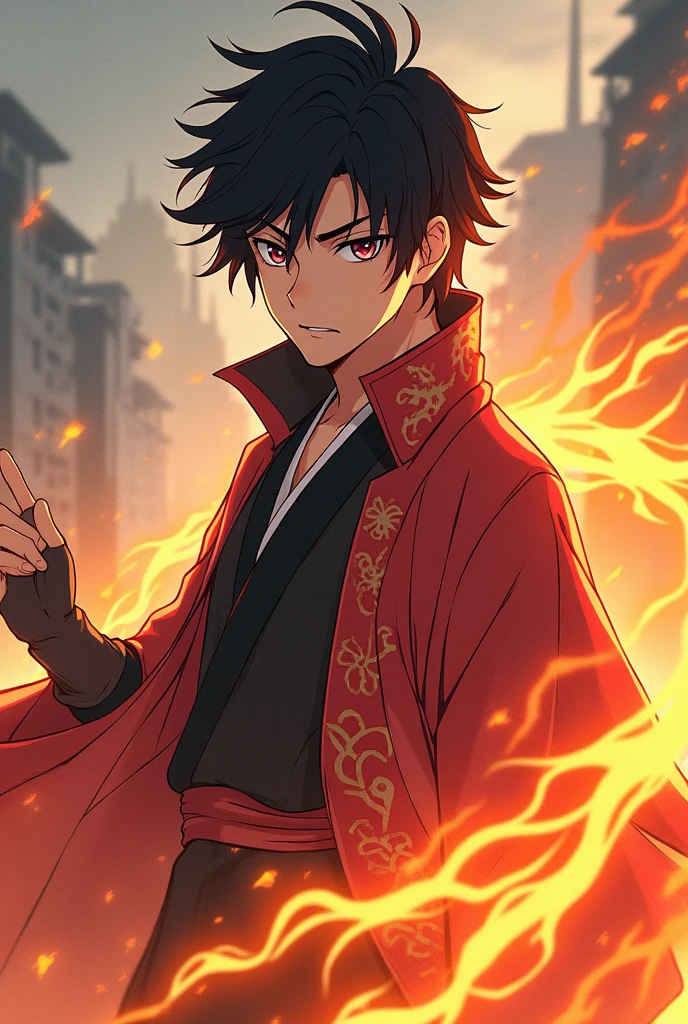 Generate an image of a character based on the anime kimetsu no yaiba and that has its style, let it be a man, that he is a hunter, a young character,that has the lion's breath and a little fire and that has a haori, that has a clothing style equal to the hunters of the anime Kimetsu no yaiba, that his clothes look like Rengoku's.