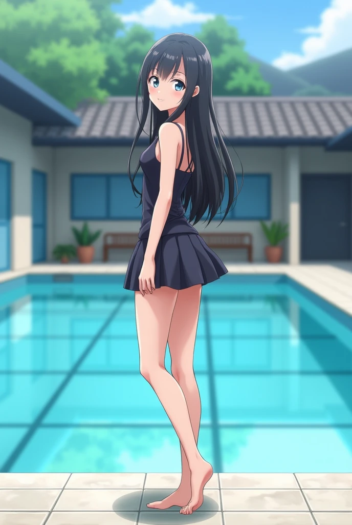 Standing by the pool at an empty school、High school girls、Long black hair、Swimwear、mini skirt、barefoot、Cute Face、Smiling、Full body portrait