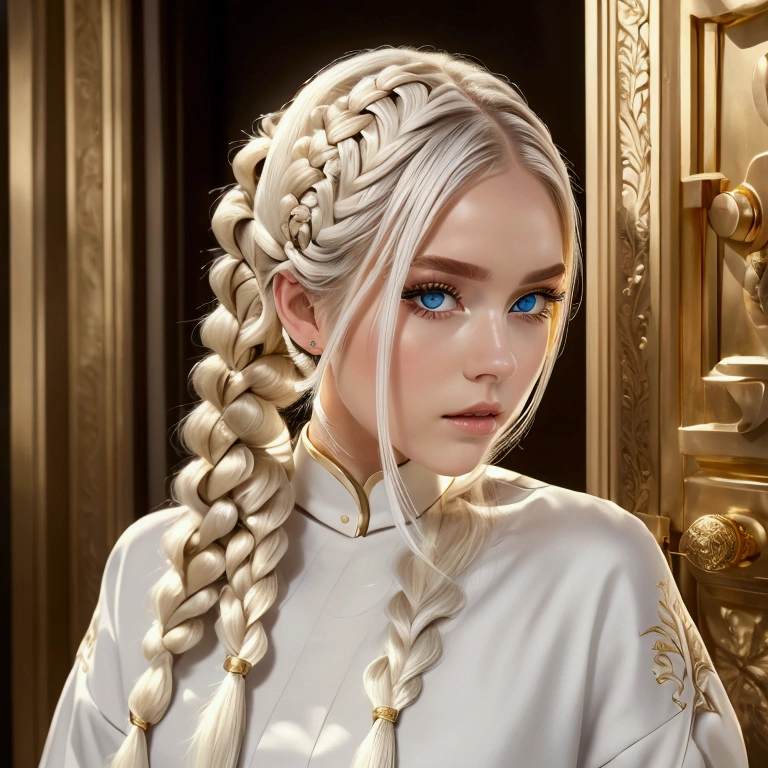 Best Quality, masterpiece,by white, gold eyes,White clothes, seeking out, Upper part of the body,lock of hair,White skin,side braids