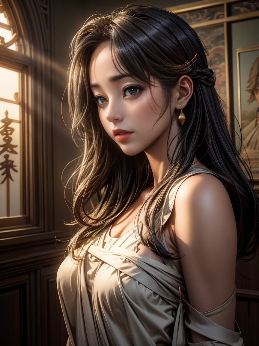 Browsing Caution,(RAW Photos, Highest quality),(Realistic, photo-Realistic:1.3),Highest quality,Very detailed,masterpiece,Very detailed,figure,One girl,upper_body,Dynamic Angle,world masterpiece theater,Messy_length_hair,Highest quality,Very detailed CG ユニティ 8k 壁紙,ink,wonderful,Cinema Lighting,lens_Flare,Dunhuang_style,