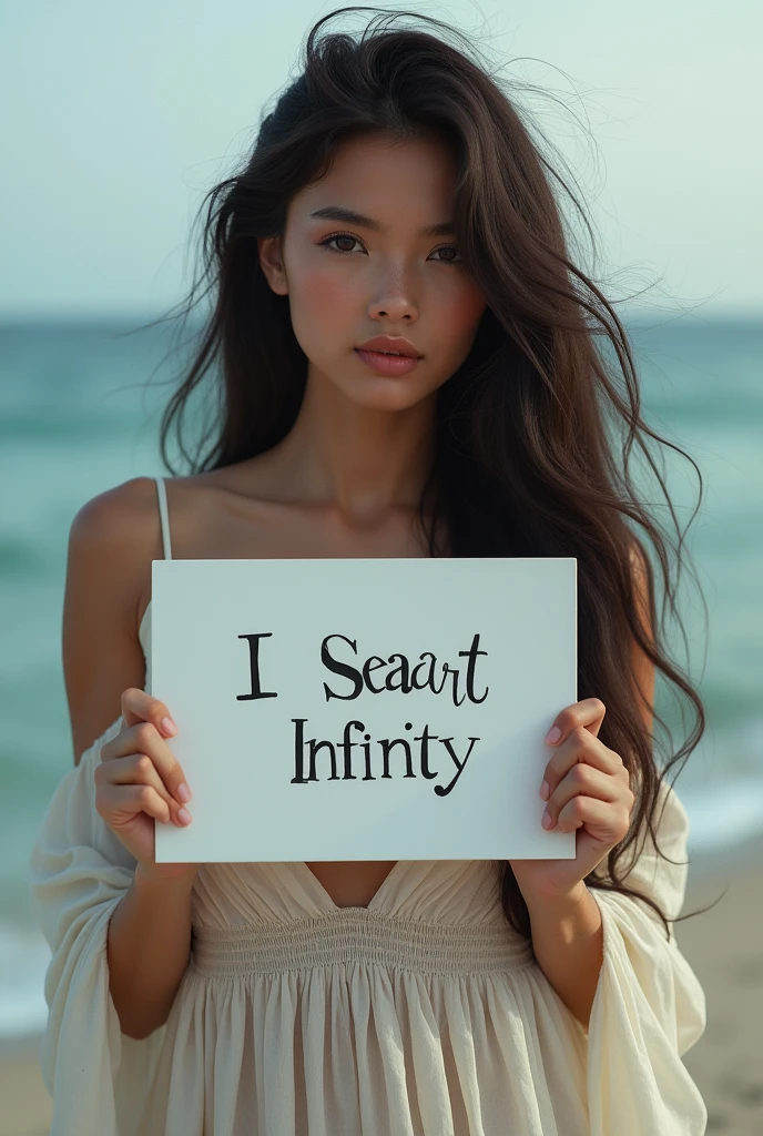 Beautiful girl with wavy long hair, bohemian dress, holding a white board with text "I Love Seaart Infinity" and showing it to the viewer, без одежды 