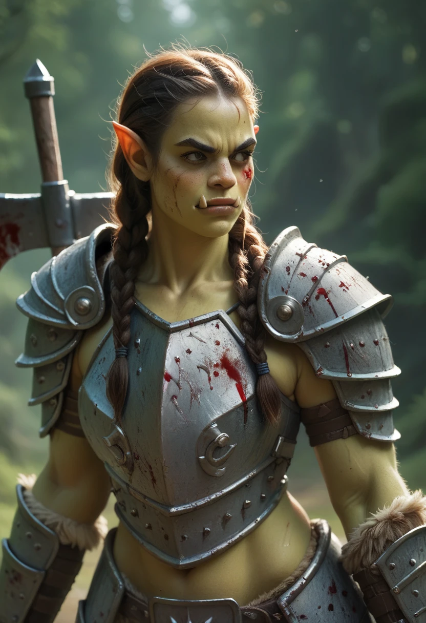 Artwork of sexy female orc warrior, braids, savage fur armor, battle axe, bloody, detailed face 